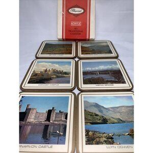 6-Piece Pimpernel Acrylic Coasters Welsh Scenes Castles Bridge Cork Back Protect
